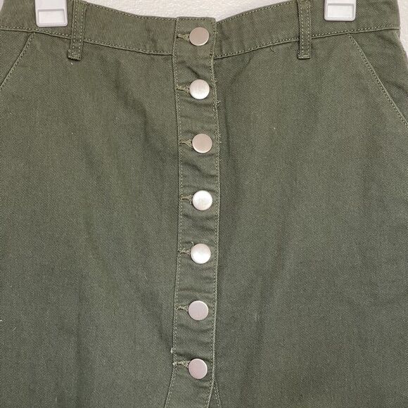 Forever 21 Womens Skirt Sz Large Knee length Green Olive Button down Raw Hemmed - Picture 3 of 12